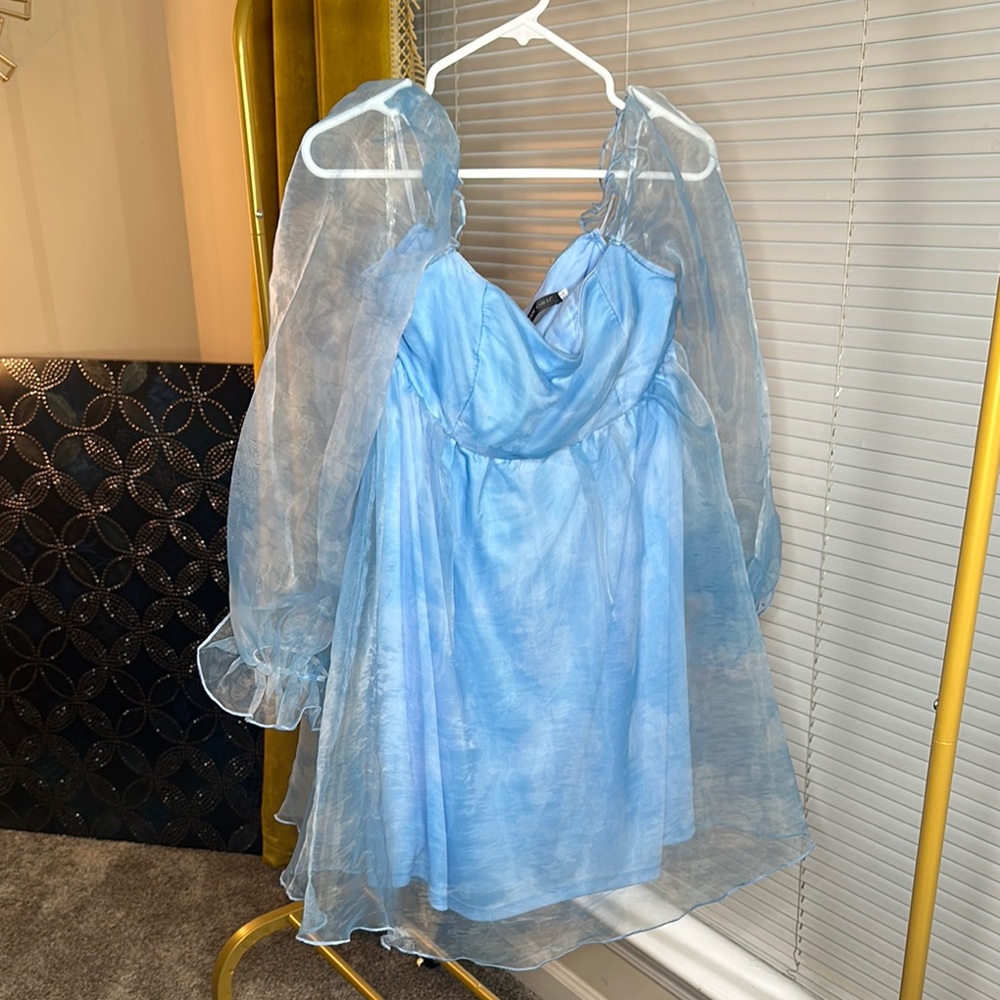Sheer Puffy-Sleeve Baby Blue Mini Dress